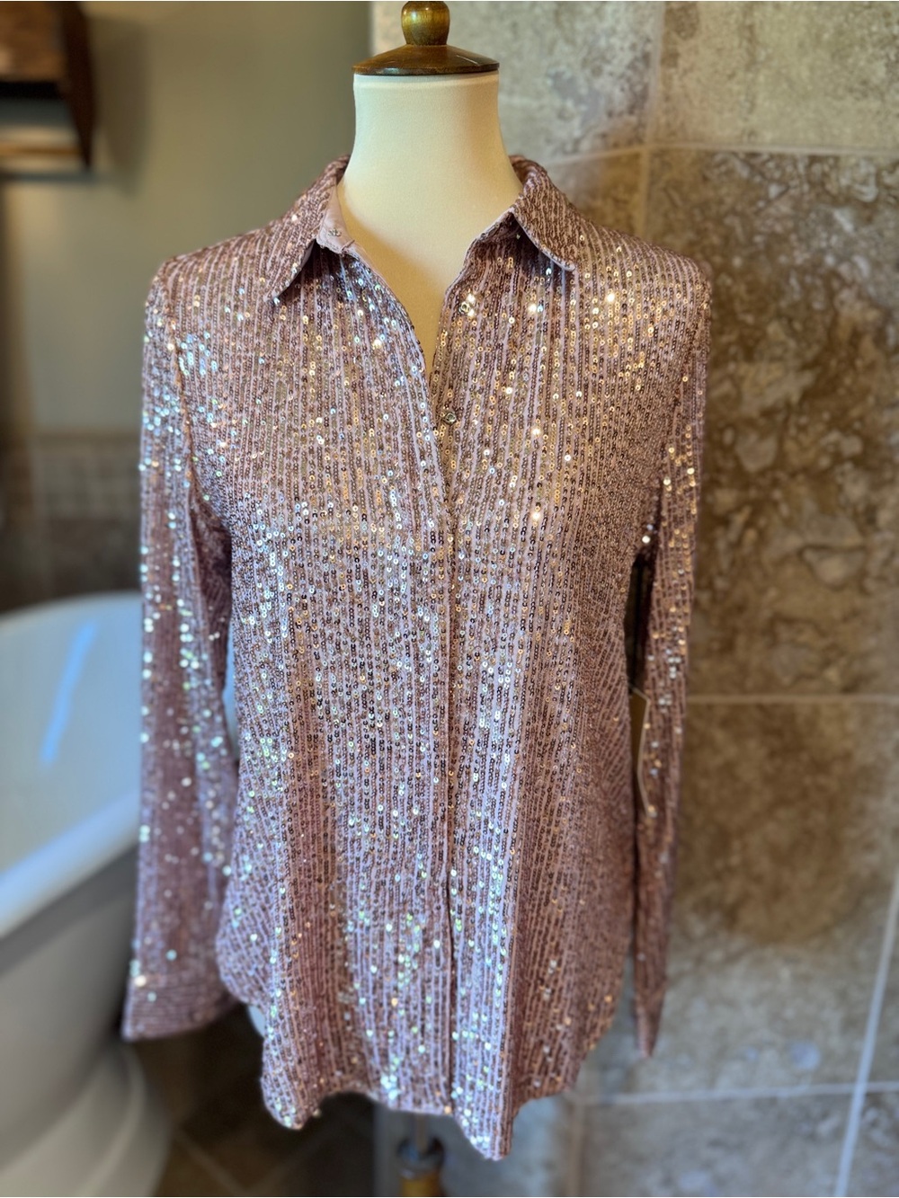 NWT Halogen Rose Sequin Shirt collared snap down shirt size small